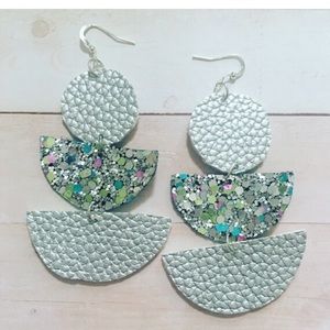 Handcut faux leather silver sparkly earrings